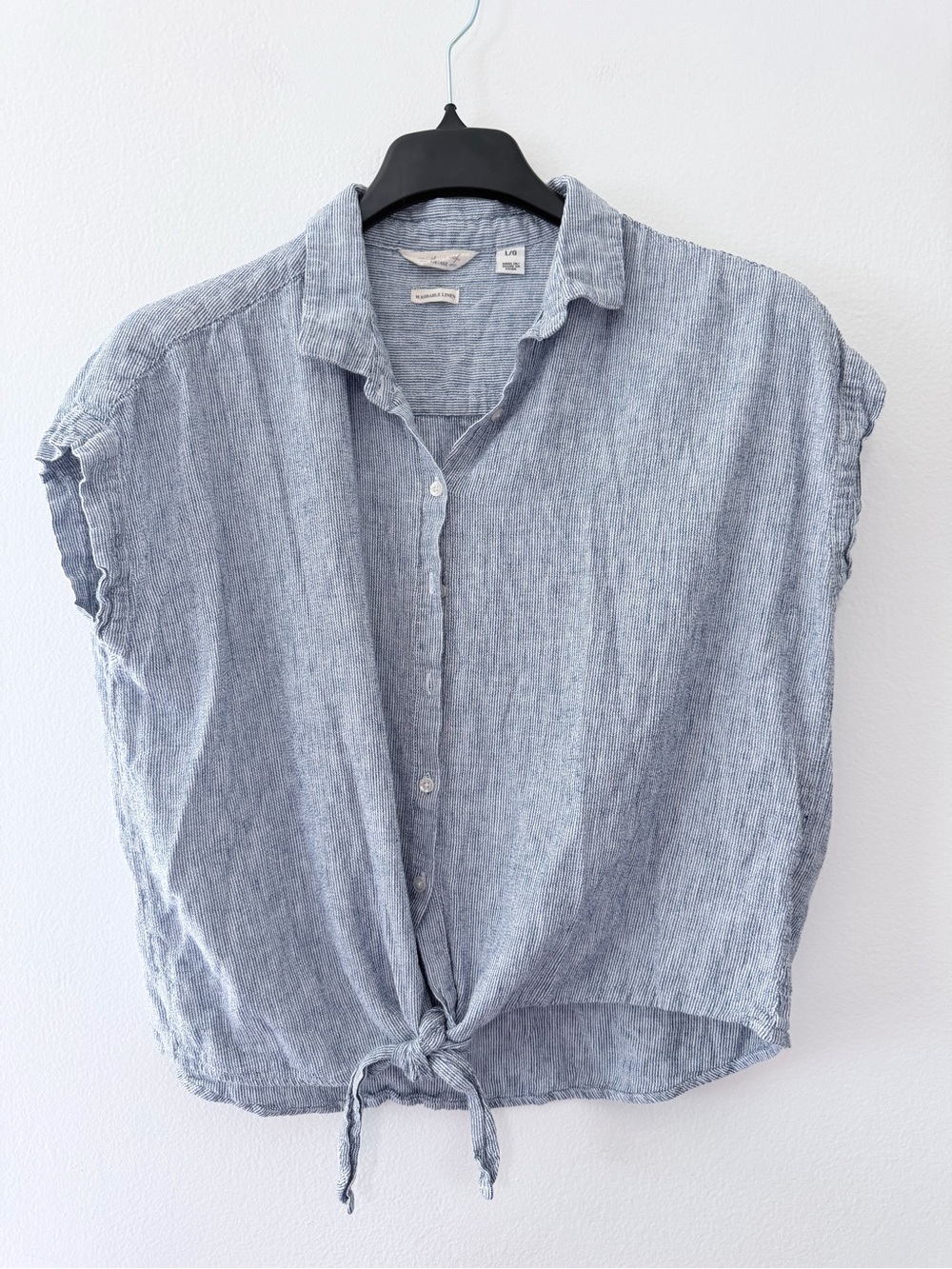 Weatherproof Vintage Womens L Linen Blend Tie Front Button Shirt Blue Stripe